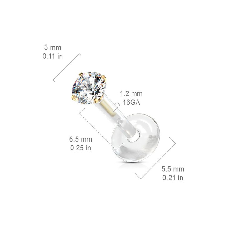Piercing labret Bioflex Téflon strass rond embout doré