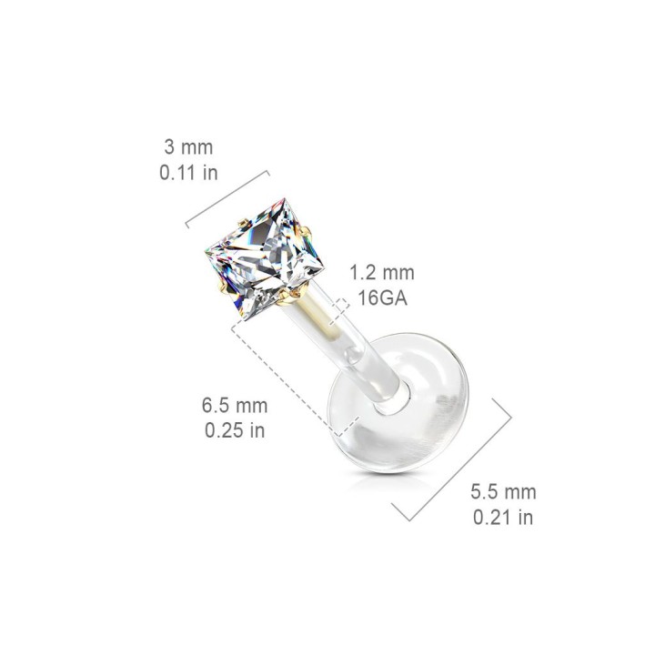Piercing labret Bioflex Téflon strass carré embout doré