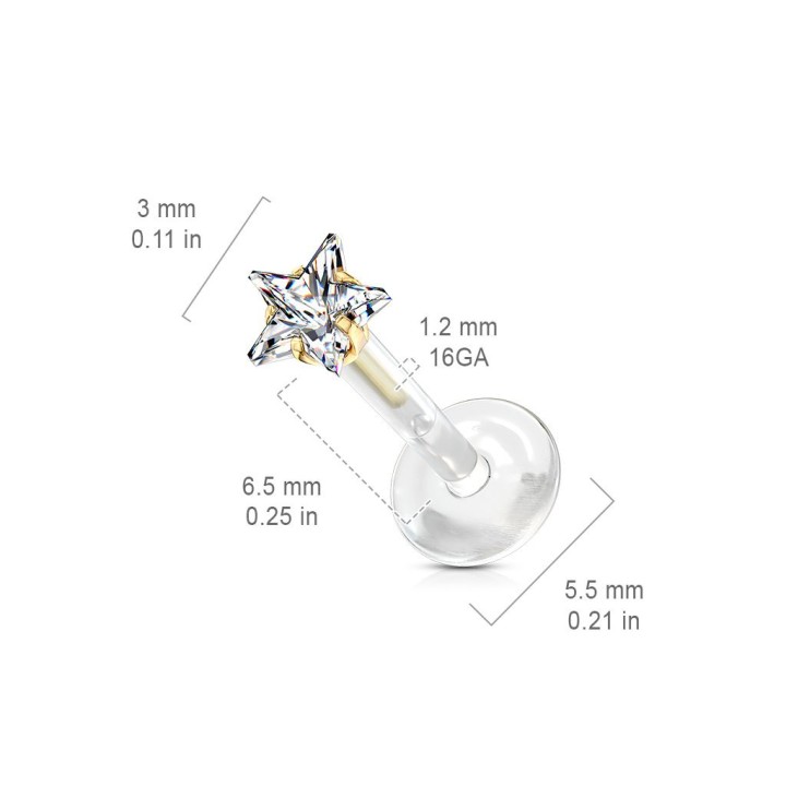 Piercing labret Bioflex Téflon strass étoile embout doré