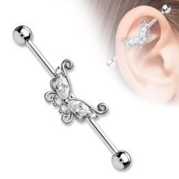 Piercing industriel papillon pierres blanches