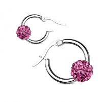Paire boucles d'oreille anneaux boule cristal rose
