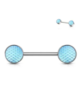 Piercing téton acier argenté écailles de dragon turquoise