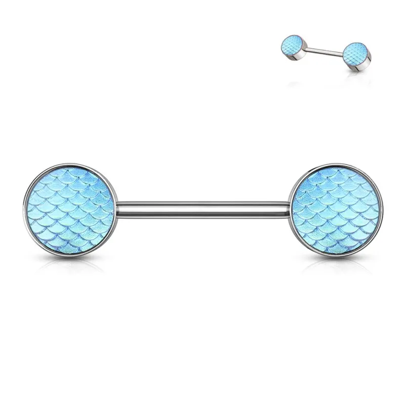 Piercing téton acier argenté écailles de dragon turquoise