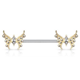 Piercing téton plaqué or papillons zirconium