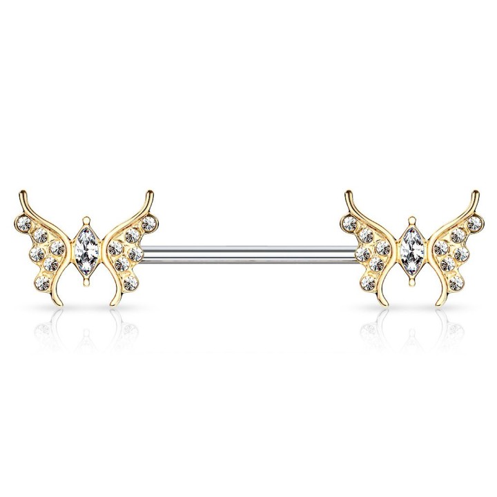 Piercing téton plaqué or papillons zirconium