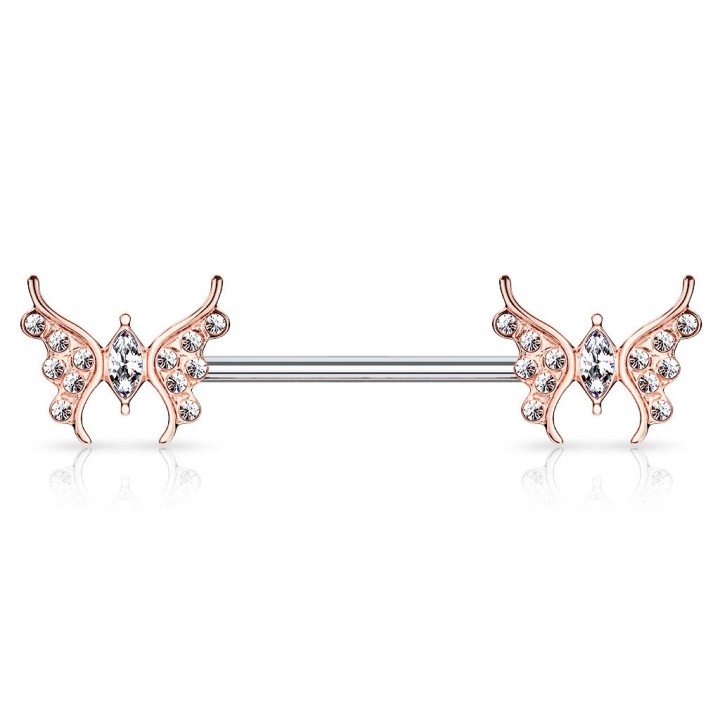 Piercing téton plaqué or rose papillons zirconium