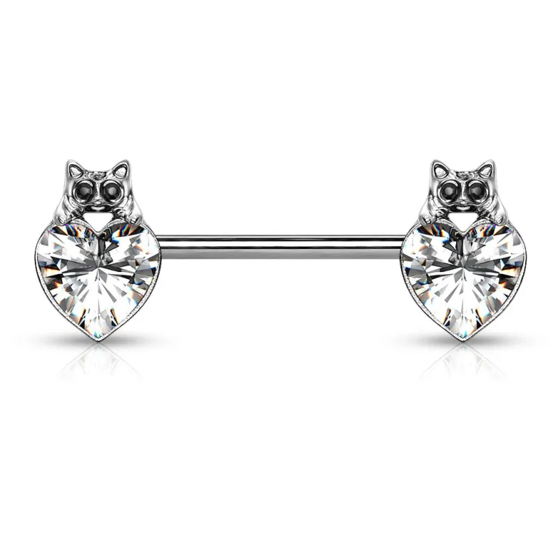 Piercing téton chats cristal coeur blanc
