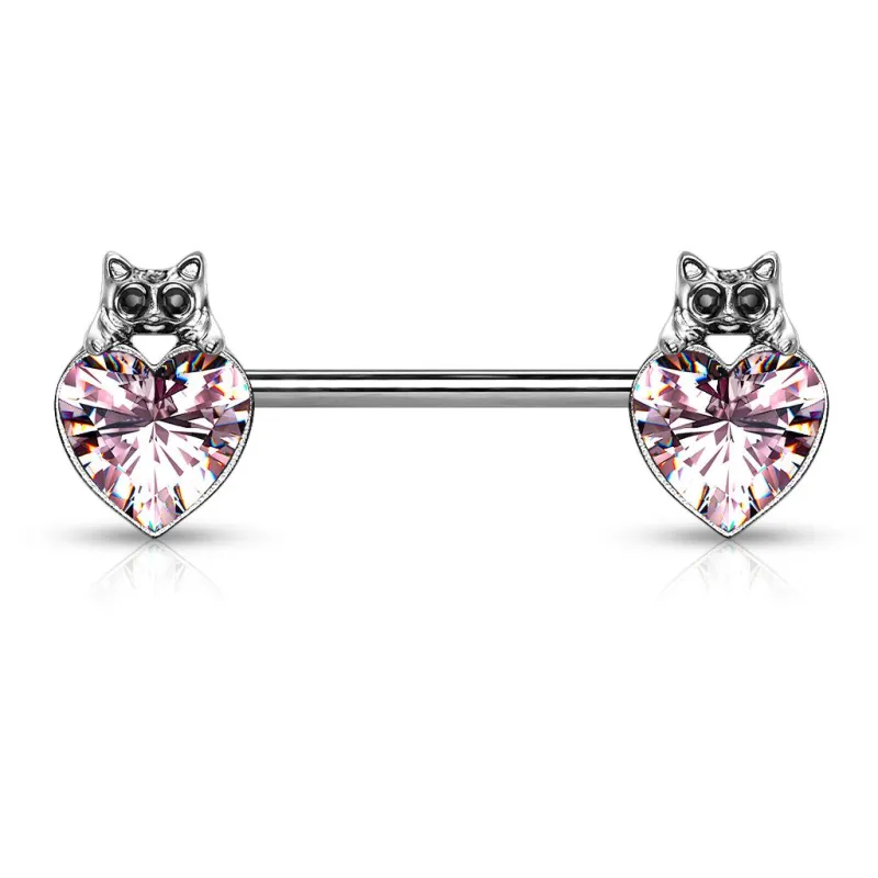 Piercing téton chats cristal coeur rose
