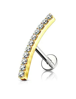 Piercing labret oreille ligne de strass courbée plaqué or