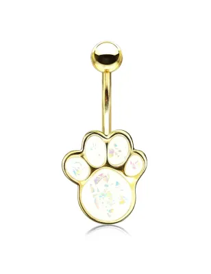 Piercing nombril doré patte de chiot opaline blanche