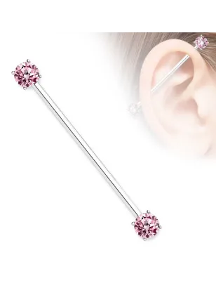 Piercing industriel oreille double zirconium rose