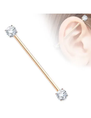 Piercing industriel oreille plaqué or rose double zirconium blanc