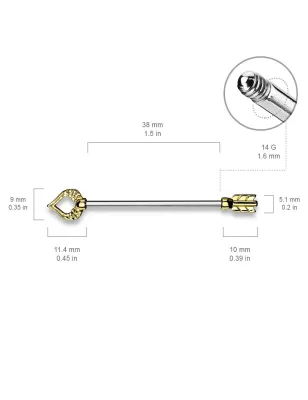 Piercing industriel flèche coeur et plume doré