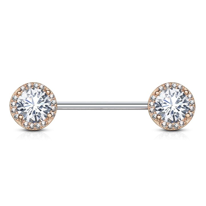 Piercing téton plaqué or rose zirconium rond pavé de strass