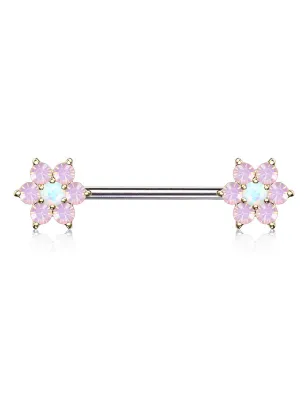 Piercing téton doré double fleurs opalite blanche