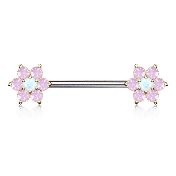 Piercing téton doré double fleurs opalite blanche
