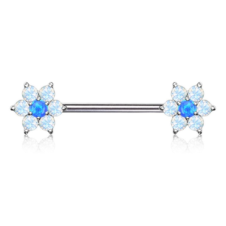 Piercing téton acier double fleurs opalite bleu