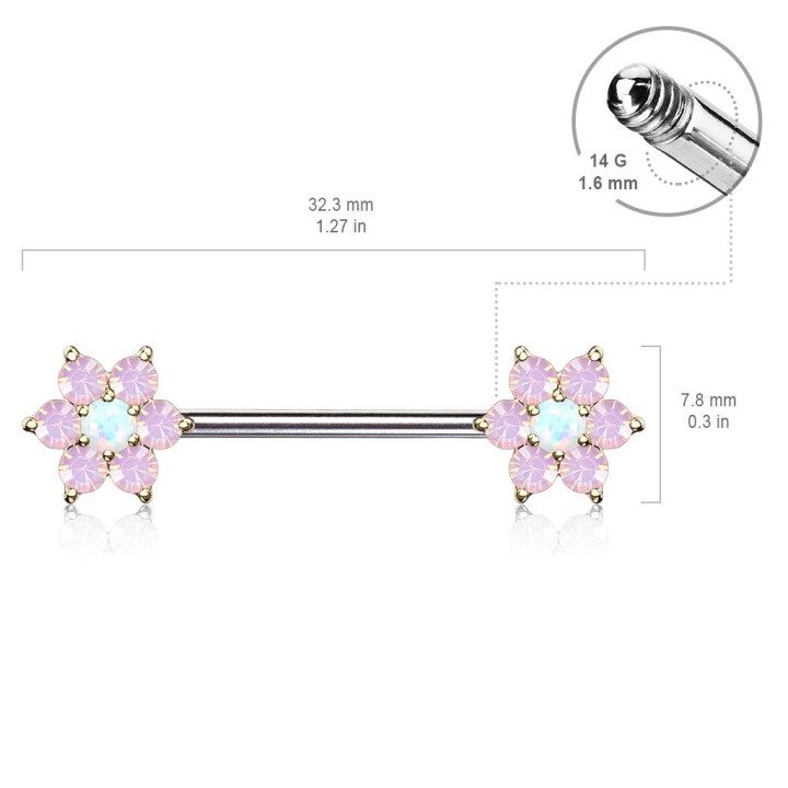 Piercing téton doré double fleurs opalite blanche