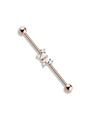 Piercing industriel oreille plaqué or rose papillon 4 gemmes