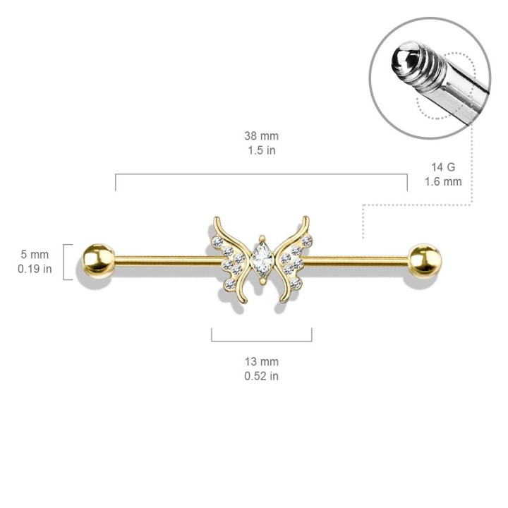 Piercing industriel oreille doré papillon marquise cristaux
