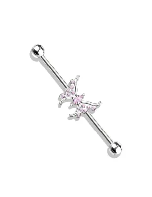 Piercing industriel oreille papillon marquise cristaux rose