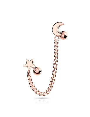 Double piercing cartilage oreille chaine étoile lune rosé