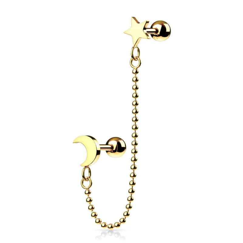 Double piercing cartilage oreille chaine billes étoile lune doré