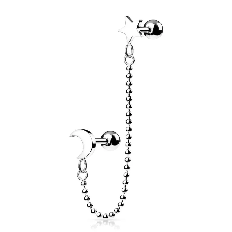 Double piercing cartilage oreille chaine billes étoile lune