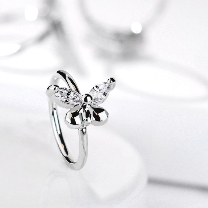Piercing nez anneau papillon argenté strass