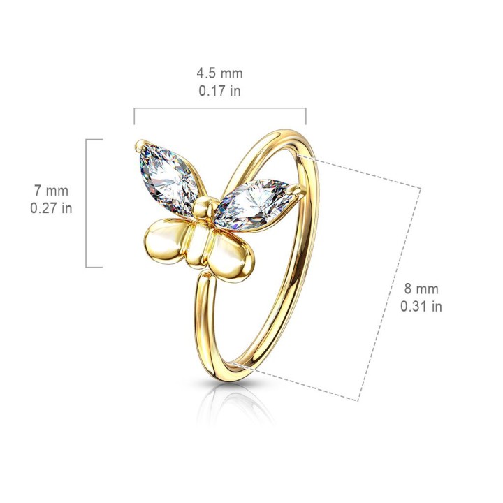 Piercing nez anneau papillon doré strass