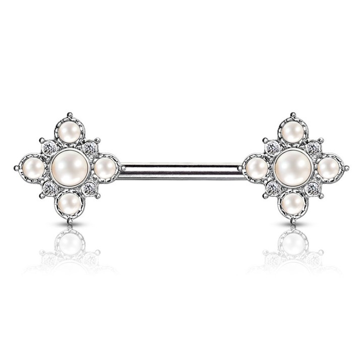 Piercing téton losange floral argenté perles cristaux
