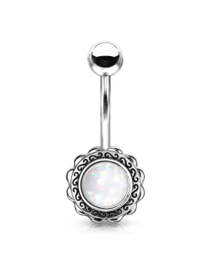 Piercing nombril fleur pierre lumineuse blanche