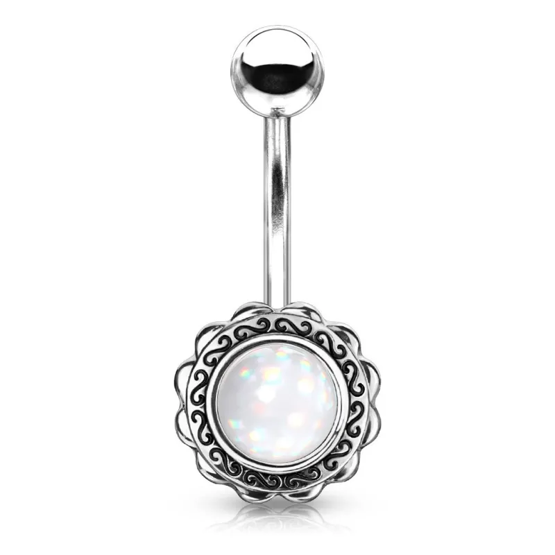 Piercing nombril fleur pierre lumineuse blanche
