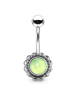 Piercing nombril fleur pierre lumineuse verte
