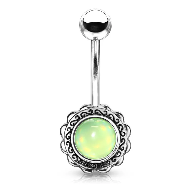 Piercing nombril fleur pierre lumineuse verte