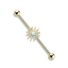 Piercing industriel oreille plaqué or soleil opale blanche