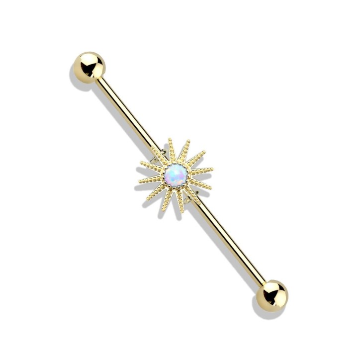 Piercing industriel oreille plaqué or soleil opale blanche