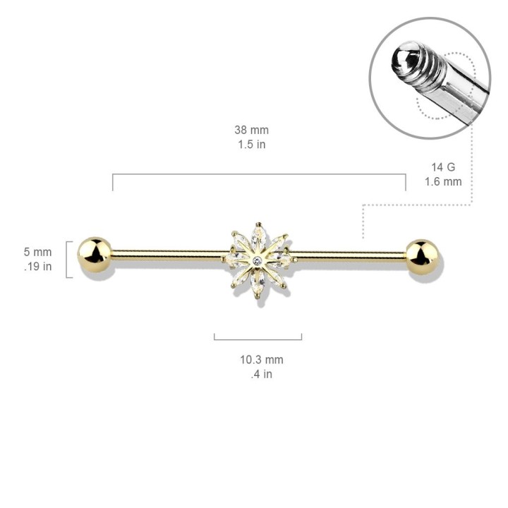 Piercing industriel oreille plaqué or flocon de neige