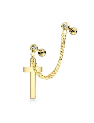 Double piercing cartilage oreille chaine croix doré