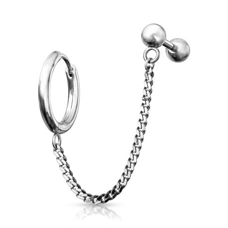 Double piercing cartilage oreille chaine anneau barbell argenté