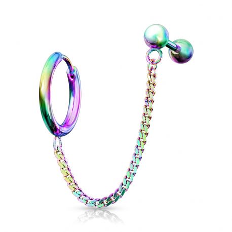 Double piercing cartilage oreille chaine anneau barbell multicolore