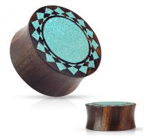 Piercing plug en bois de sono turquoise écrasée soleil tribal