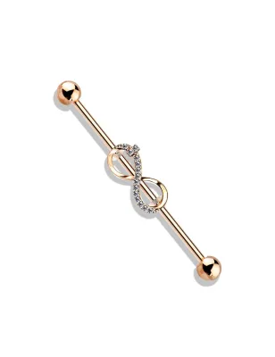 Piercing industriel oreille plaqué or rose symbole infini pavé de strass