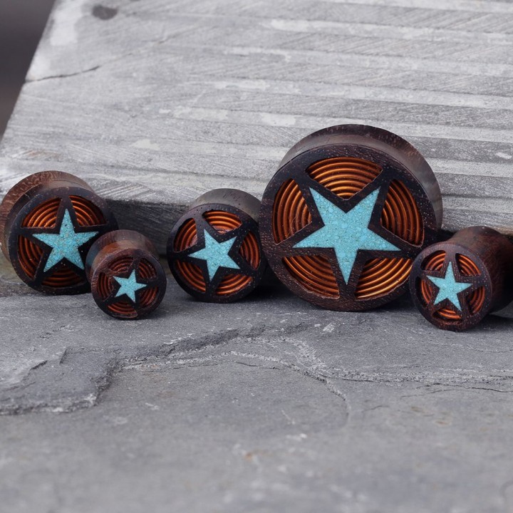 Piercing plug bois de sono cuivre et étoile turquoise