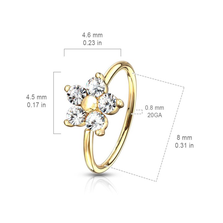 Piercing nez anneau pliable fleur plaqué or
