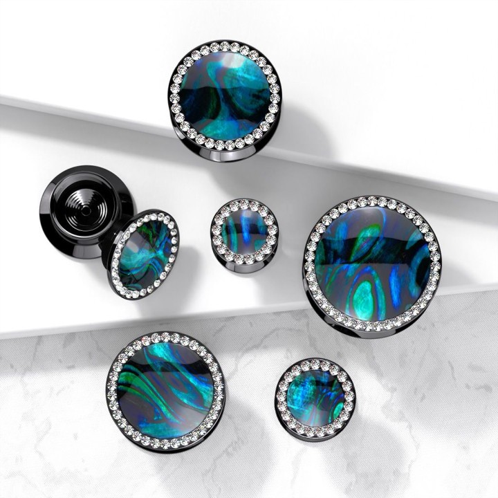 Piercing Plug Oreille Acrylique Noir Nacre Abalone Gemmes 