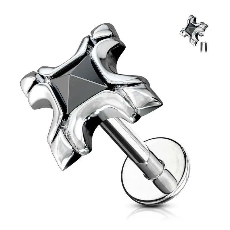 Piercing labret oreille tribal pyramide cristal noir