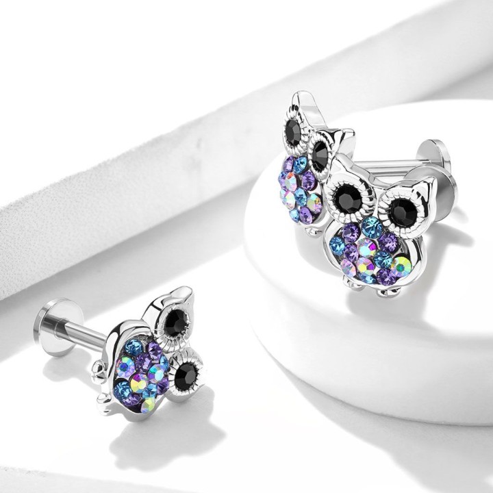 Piercing labret oreille hibou gemmes multicolores