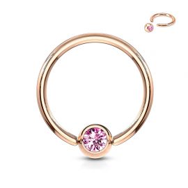 Piercing anneau captif or rosé cristal rose