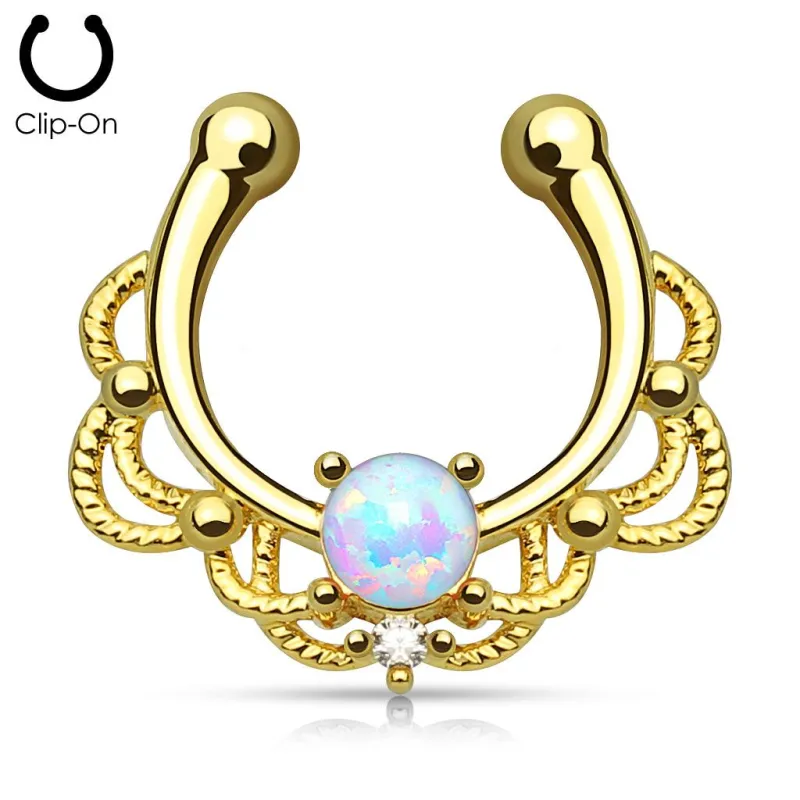 Faux piercing septum plaqué or opale blanche
